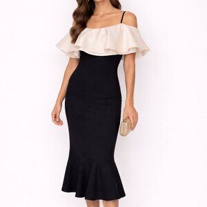 Sachin & Babi Black & Ivory Off-Shoulder Ruffle Midi Dress | Size M